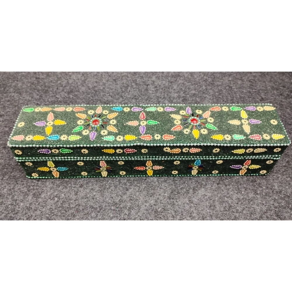 Vintage Hand Decorated Beaded Wooden Trinket Incense Pencil Box Ornate Green